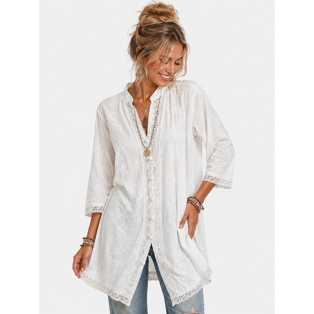 Siya White 100% Cotton Eyelet Button Front Tunic Dress Boho Mandarin Collar XL
